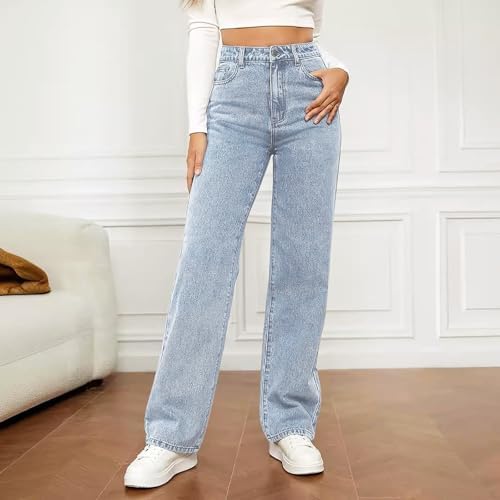 Generico Women's High Waisted Straight Cut Jeans Summer Stretch Elastic Casual Denim Trousers Classic Baggy Wide Leg