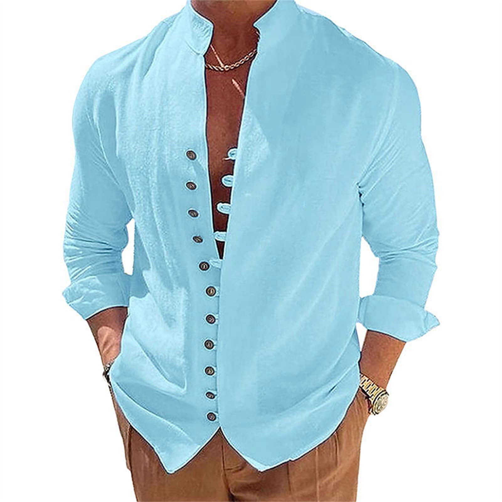  NIBESSER Uomo Camicia di Lino Lunga con Bottoni Estiva Elegante Casual per il Mare e Le Feste in Holiday Solidicolor Re