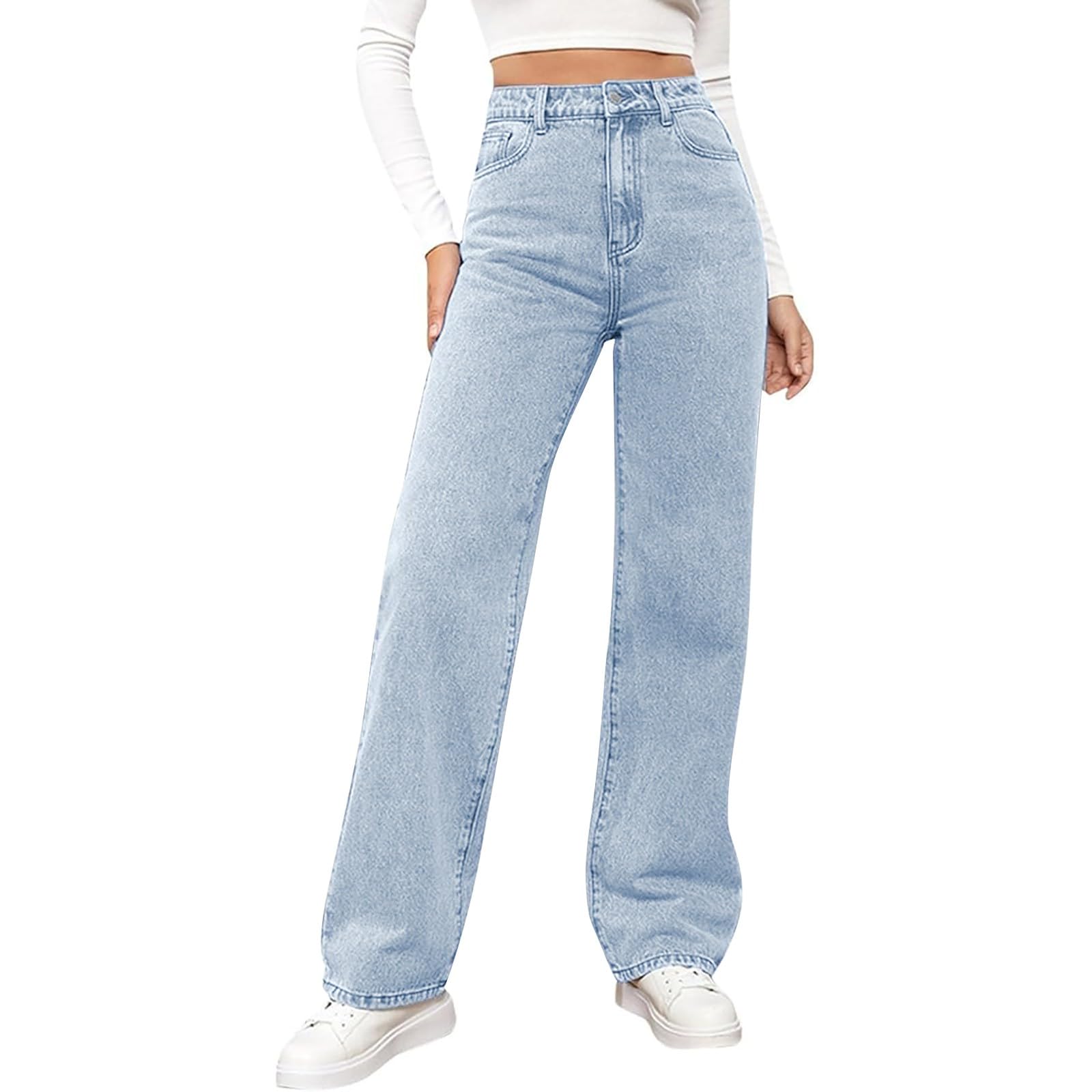Generico Women's High Waisted Straight Cut Jeans Summer Stretch Elastic Casual Denim Trousers Classic Baggy Wide Leg